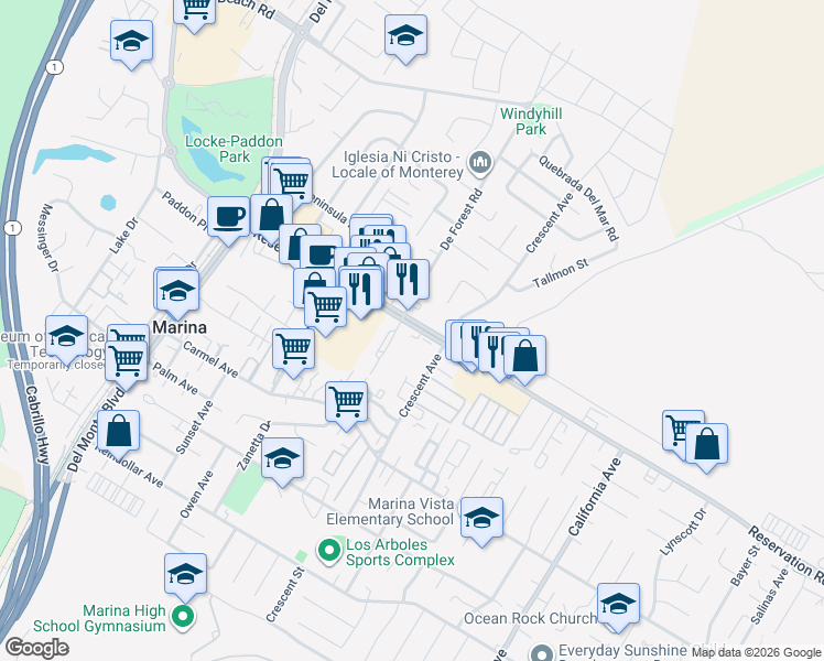 map of restaurants, bars, coffee shops, grocery stores, and more near 310 Reservation Road in Marina