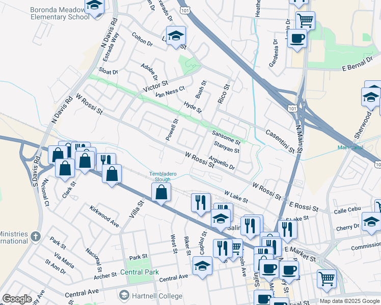 map of restaurants, bars, coffee shops, grocery stores, and more near 219 Massolo Ct in Salinas