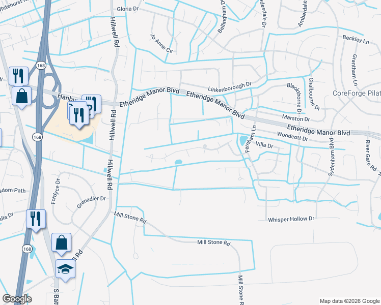 map of restaurants, bars, coffee shops, grocery stores, and more near 1101 Friesian Court in Chesapeake