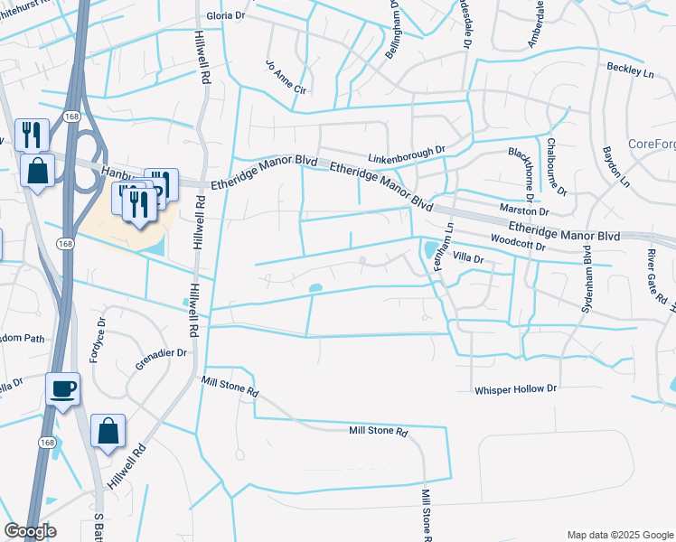 map of restaurants, bars, coffee shops, grocery stores, and more near 1101 Friesian Court in Chesapeake