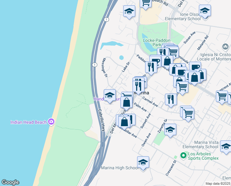 map of restaurants, bars, coffee shops, grocery stores, and more near 180 Palm Avenue in Marina