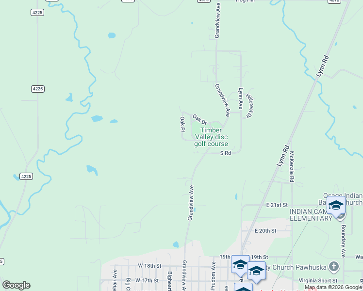 map of restaurants, bars, coffee shops, grocery stores, and more near 160 Oak Road in Pawhuska