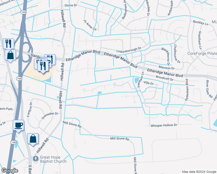 map of restaurants, bars, coffee shops, grocery stores, and more near 439 Trotters Lane in Chesapeake