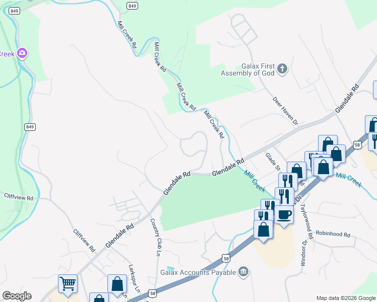 map of restaurants, bars, coffee shops, grocery stores, and more near 105 Fairway Drive in Galax