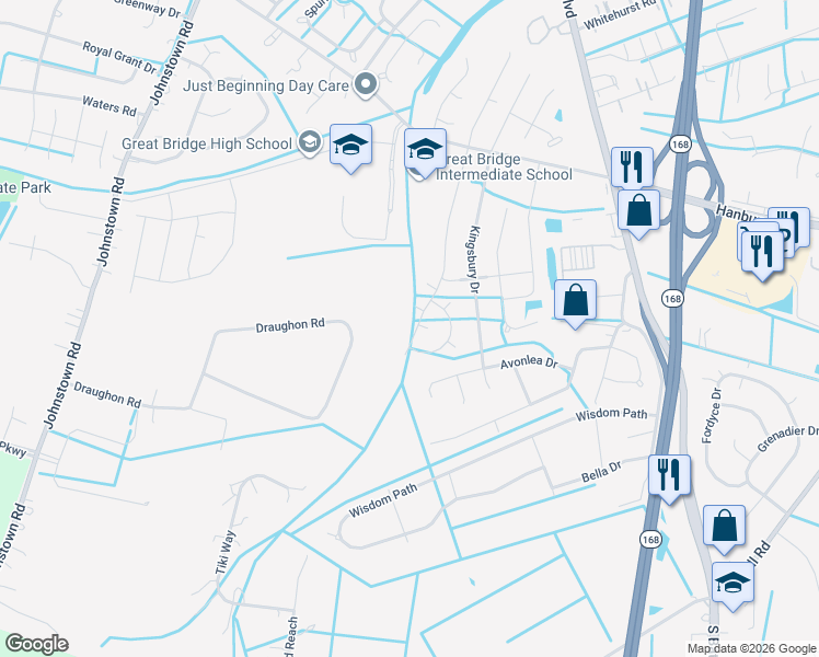 map of restaurants, bars, coffee shops, grocery stores, and more near 1220 Edinburgh Parkway in Chesapeake