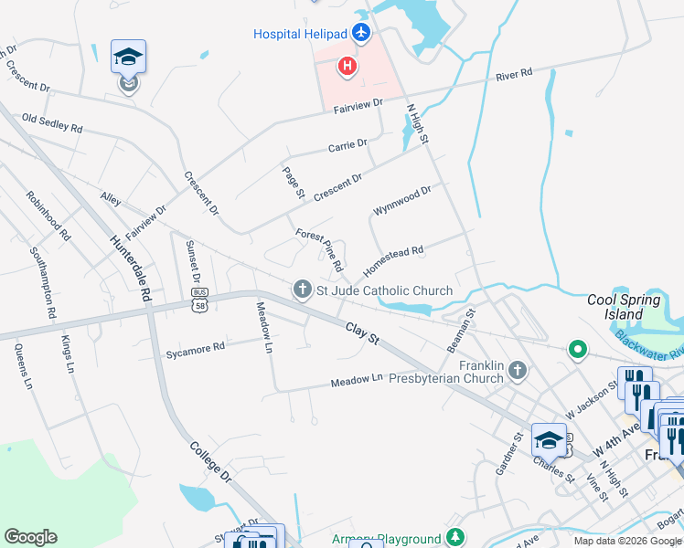 map of restaurants, bars, coffee shops, grocery stores, and more near 101 Forest Pine Road in Franklin