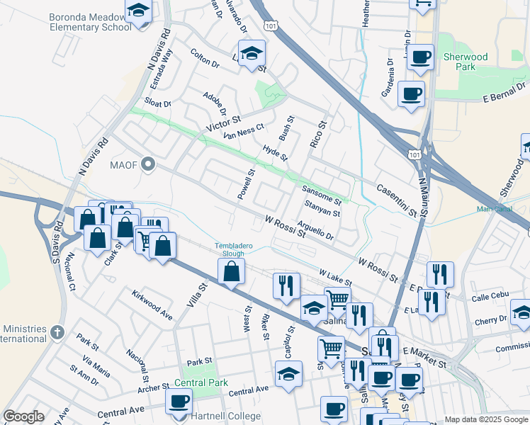 map of restaurants, bars, coffee shops, grocery stores, and more near 219 Massolo Court in Salinas