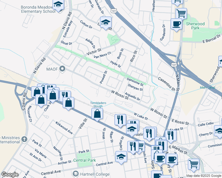 map of restaurants, bars, coffee shops, grocery stores, and more near 219 Massolo Court in Salinas