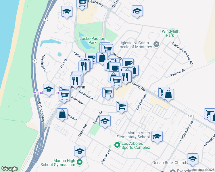map of restaurants, bars, coffee shops, grocery stores, and more near 3109 Seacrest Avenue in Marina