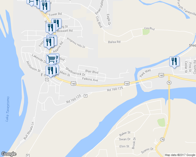map of restaurants, bars, coffee shops, grocery stores, and more near 103 Kaff Avenue in Forsyth