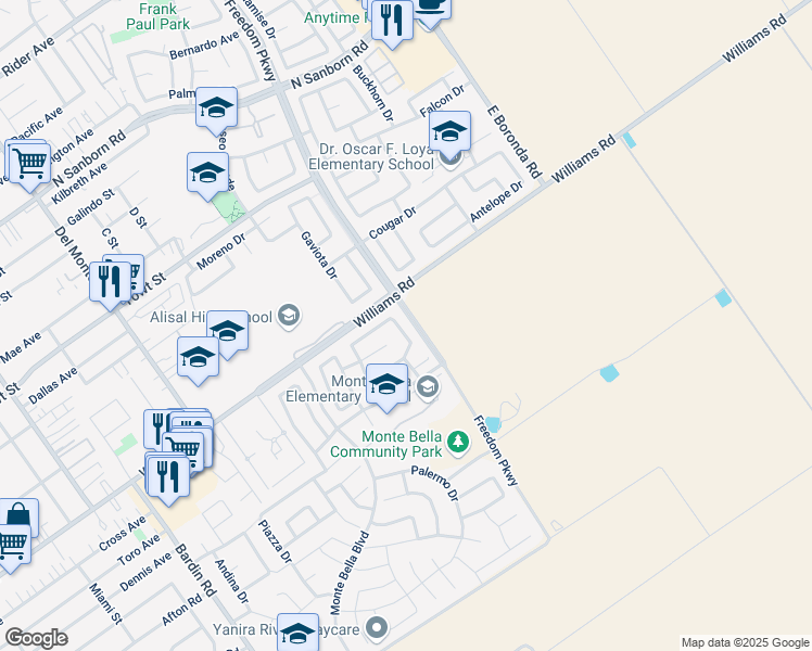 map of restaurants, bars, coffee shops, grocery stores, and more near 1336 Cassino Way in Salinas