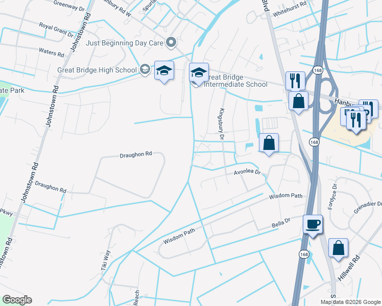 map of restaurants, bars, coffee shops, grocery stores, and more near 1220 Edinburgh Parkway in Chesapeake