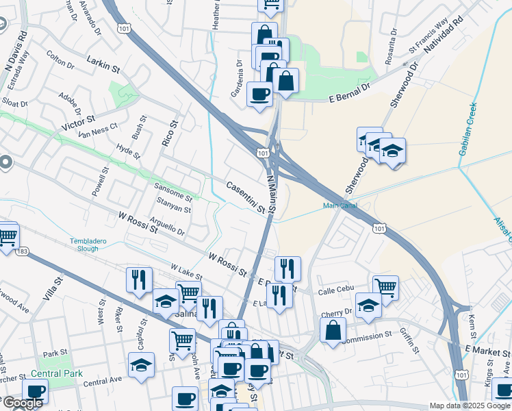 map of restaurants, bars, coffee shops, grocery stores, and more near 130 Casentini Street in Salinas