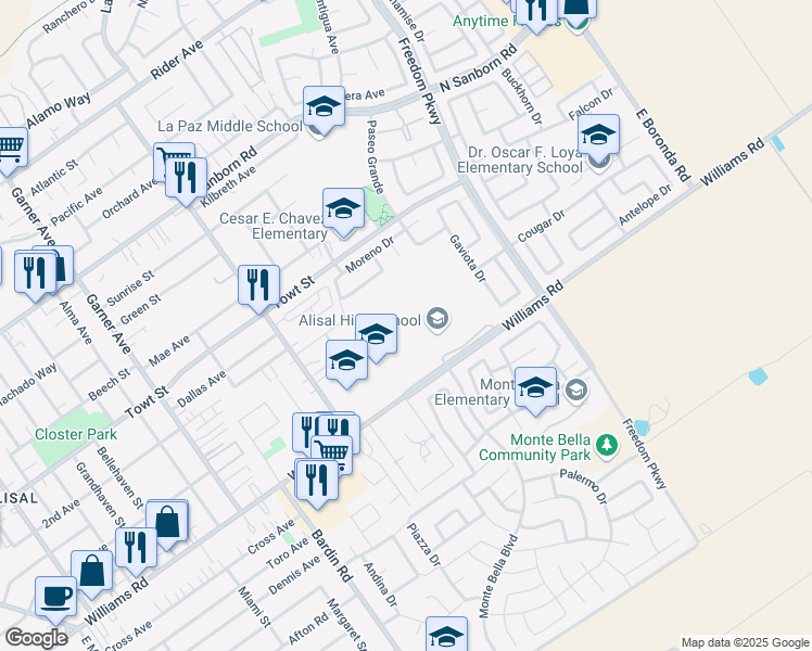 map of restaurants, bars, coffee shops, grocery stores, and more near 777 Williams Road in Salinas