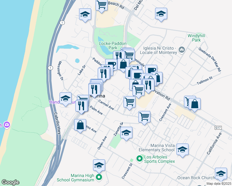 map of restaurants, bars, coffee shops, grocery stores, and more near 224 Mortimer Lane in Marina