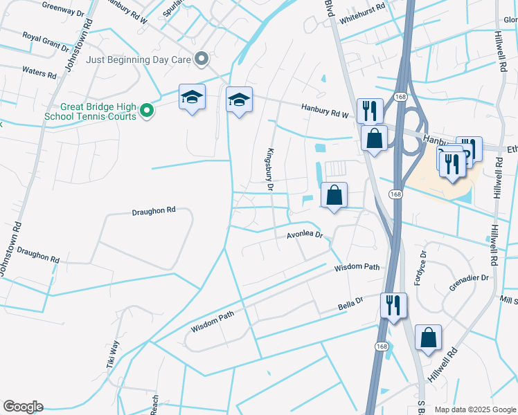 map of restaurants, bars, coffee shops, grocery stores, and more near 1207 Newtown Lane in Chesapeake