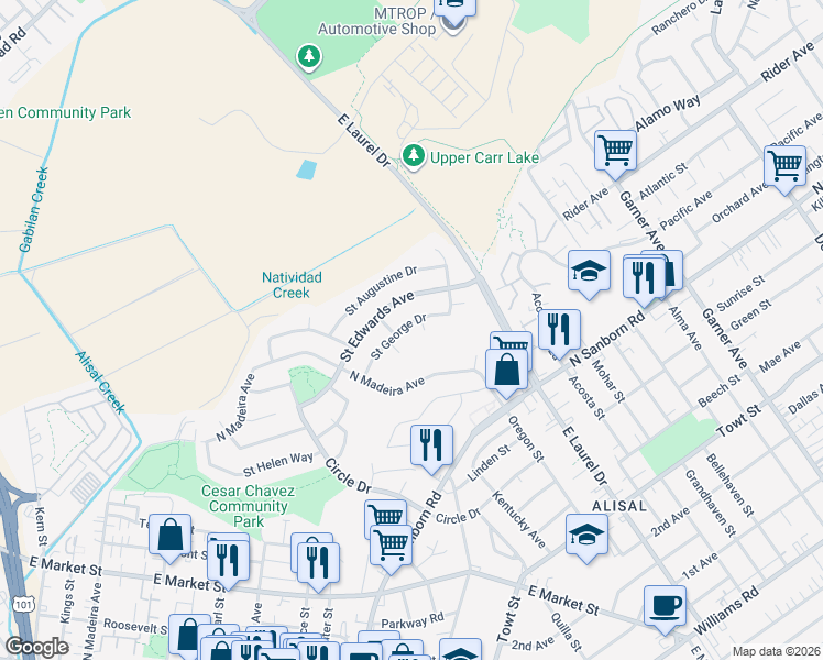 map of restaurants, bars, coffee shops, grocery stores, and more near 580 Saint George Drive in Salinas