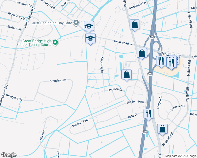 map of restaurants, bars, coffee shops, grocery stores, and more near 1207 Newtown Lane in Chesapeake