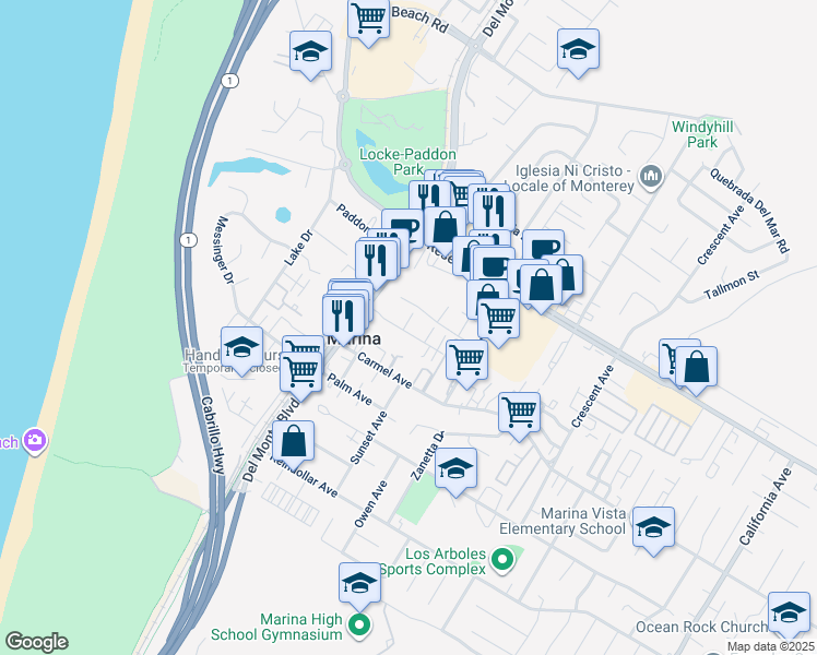 map of restaurants, bars, coffee shops, grocery stores, and more near in Marina