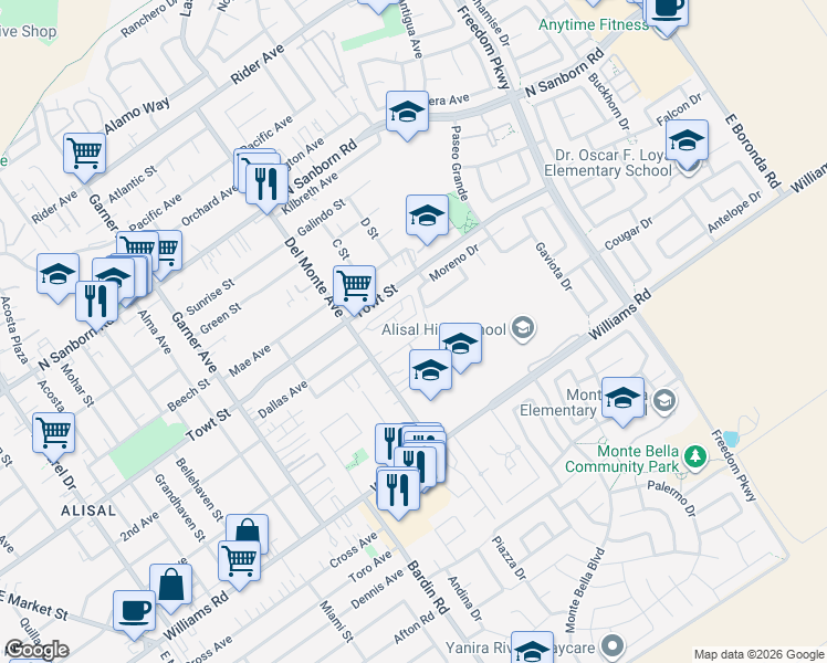 map of restaurants, bars, coffee shops, grocery stores, and more near 1214 Camarillo Court in Salinas