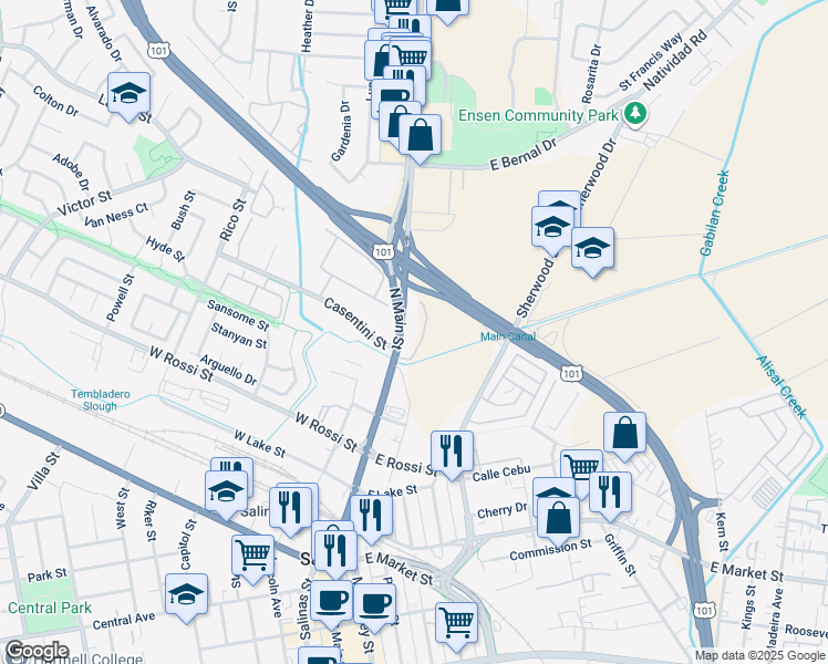 map of restaurants, bars, coffee shops, grocery stores, and more near North Main Street in Salinas