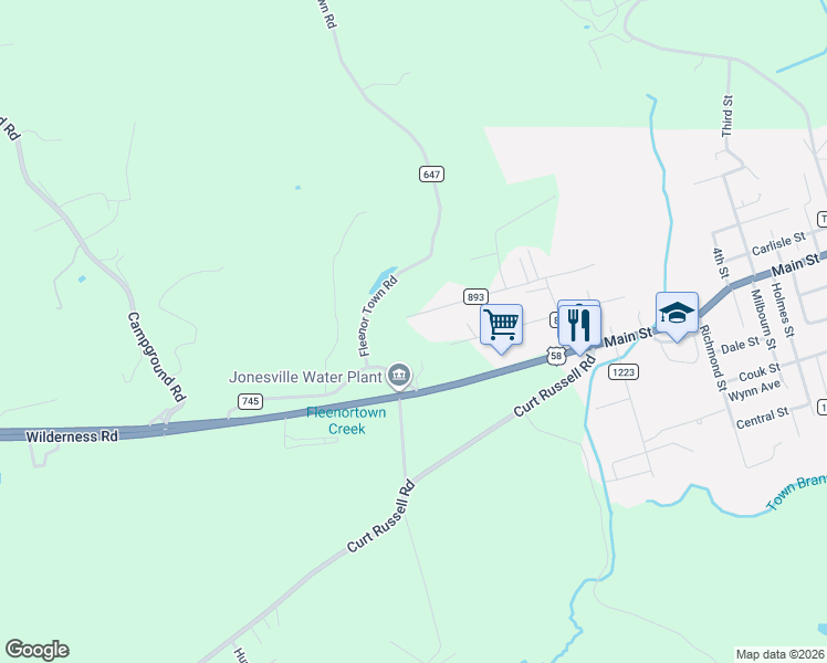 map of restaurants, bars, coffee shops, grocery stores, and more near State Road 893 in Jonesville
