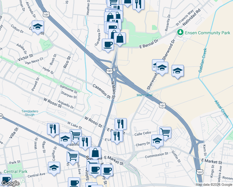 map of restaurants, bars, coffee shops, grocery stores, and more near 452 North Main Street in Salinas