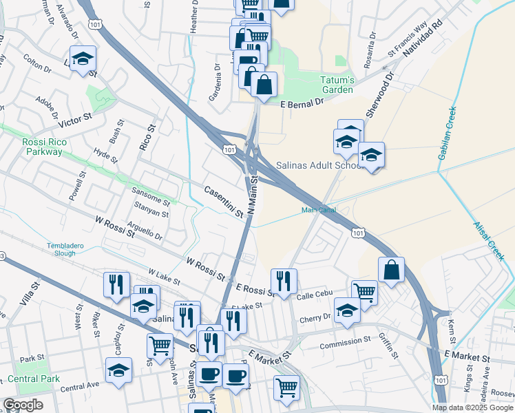 map of restaurants, bars, coffee shops, grocery stores, and more near 452 North Main Street in Salinas