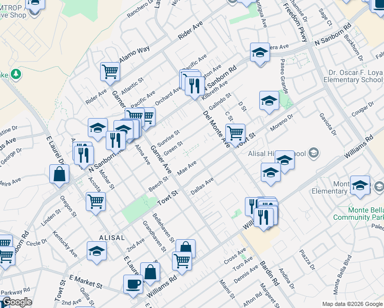 map of restaurants, bars, coffee shops, grocery stores, and more near 1103 Cortez Street in Salinas