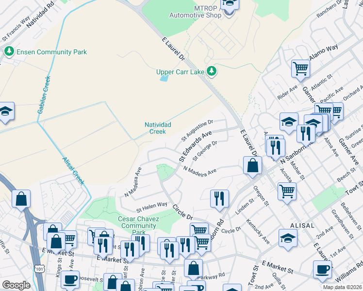 map of restaurants, bars, coffee shops, grocery stores, and more near 615 Saint Augustine Drive in Salinas