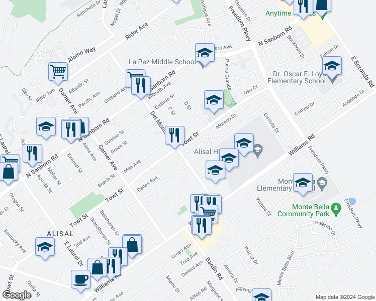 map of restaurants, bars, coffee shops, grocery stores, and more near 1239 Del Monte Avenue in Salinas