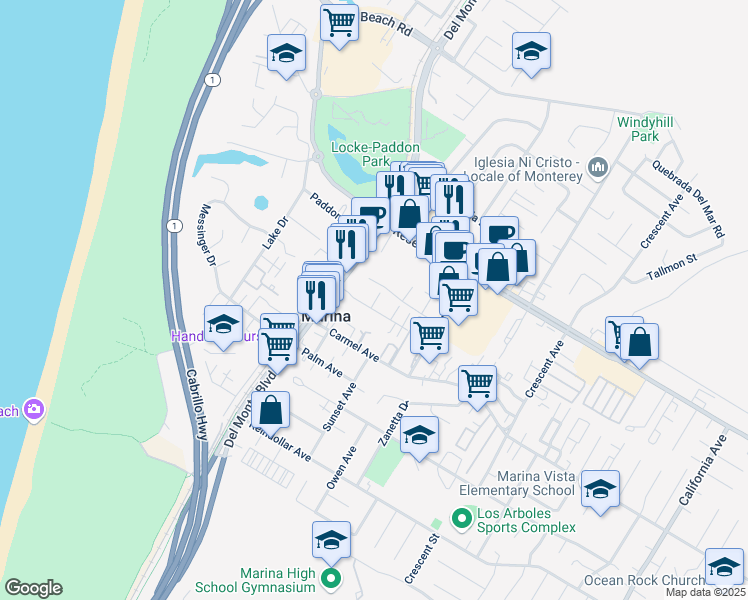 map of restaurants, bars, coffee shops, grocery stores, and more near 219 1/2 Mortimer Lane in Marina