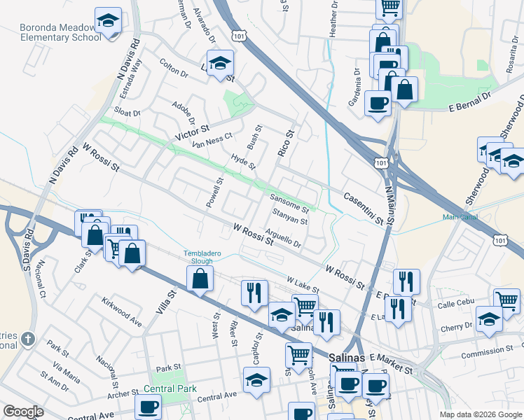 map of restaurants, bars, coffee shops, grocery stores, and more near 380 Rico Street in Salinas
