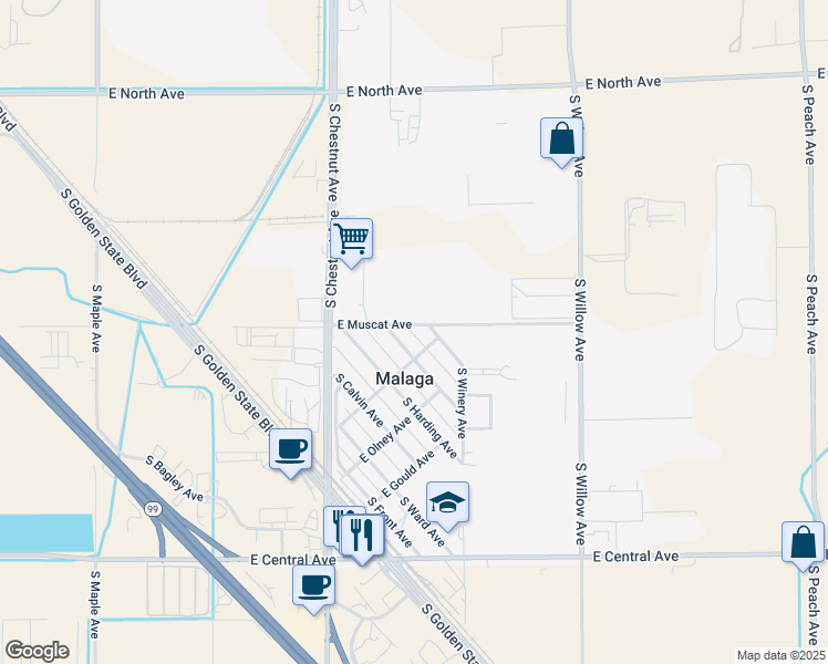 map of restaurants, bars, coffee shops, grocery stores, and more near 3271 East Muscat Avenue in Fresno