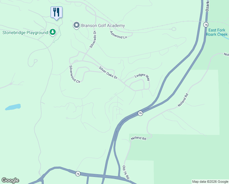 map of restaurants, bars, coffee shops, grocery stores, and more near 1047 Golf Drive in Branson West