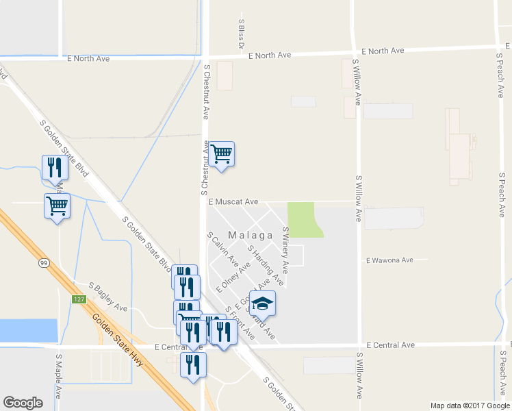 map of restaurants, bars, coffee shops, grocery stores, and more near 3271 East Muscat Avenue in Fresno
