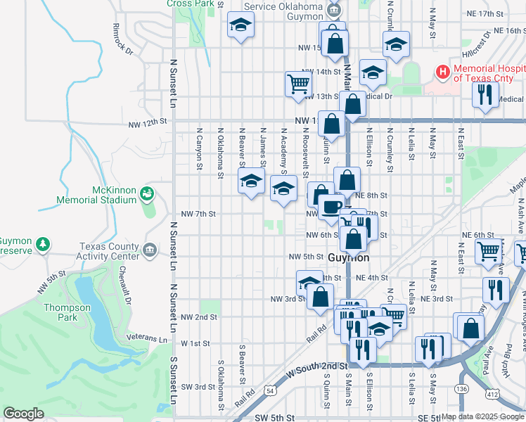 map of restaurants, bars, coffee shops, grocery stores, and more near 712 North James Street in Guymon