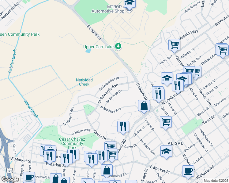 map of restaurants, bars, coffee shops, grocery stores, and more near 609 Saint George Drive in Salinas