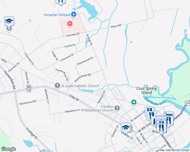 map of restaurants, bars, coffee shops, grocery stores, and more near 109 Homestead Road in Franklin