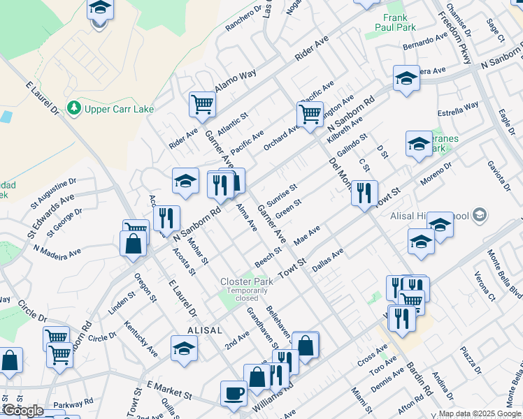 map of restaurants, bars, coffee shops, grocery stores, and more near 1028 Garner Avenue in Salinas