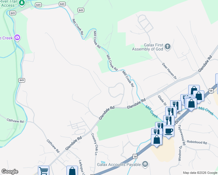 map of restaurants, bars, coffee shops, grocery stores, and more near Glen Ridge Road in Galax