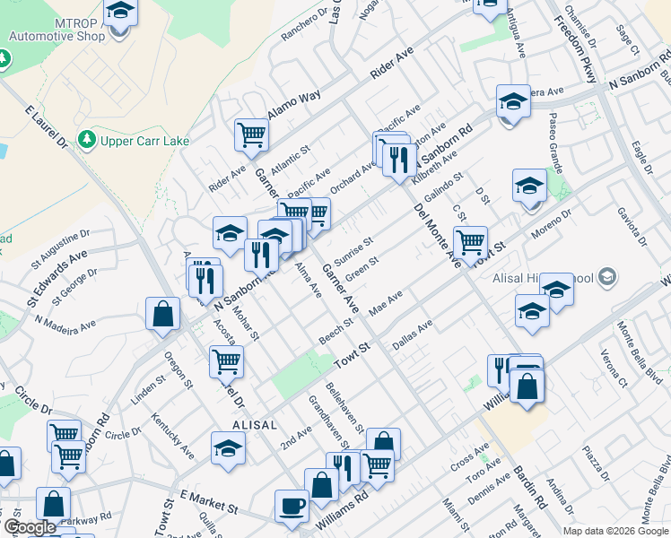 map of restaurants, bars, coffee shops, grocery stores, and more near 501 Sunrise Street in Salinas