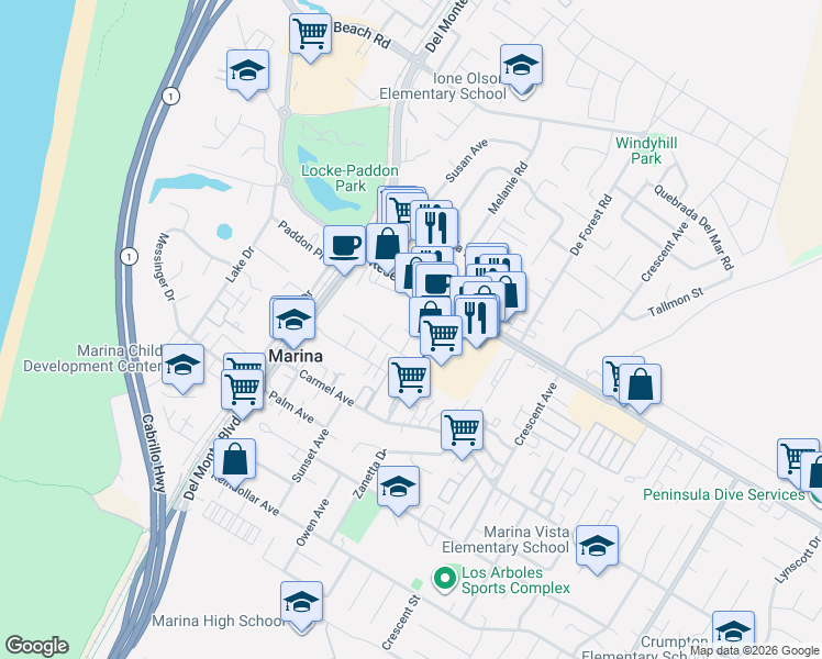 map of restaurants, bars, coffee shops, grocery stores, and more near 234 Reservation Road in Marina