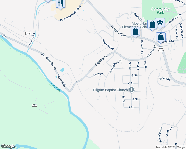map of restaurants, bars, coffee shops, grocery stores, and more near 118 Pony Place in Martinsville