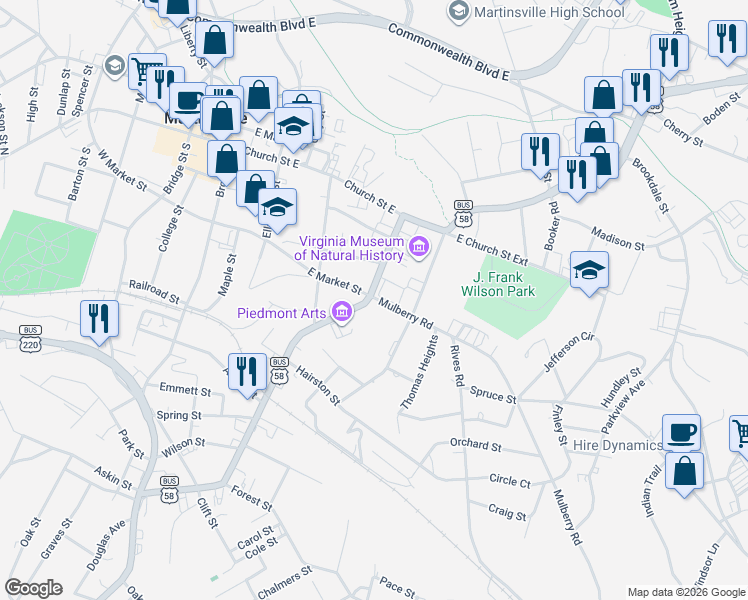 map of restaurants, bars, coffee shops, grocery stores, and more near in Martinsville