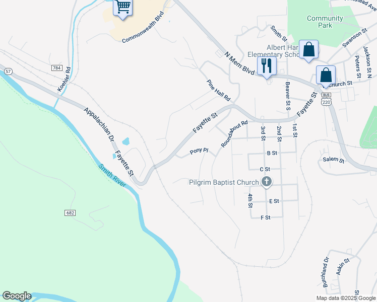 map of restaurants, bars, coffee shops, grocery stores, and more near 118 Pony Place in Martinsville