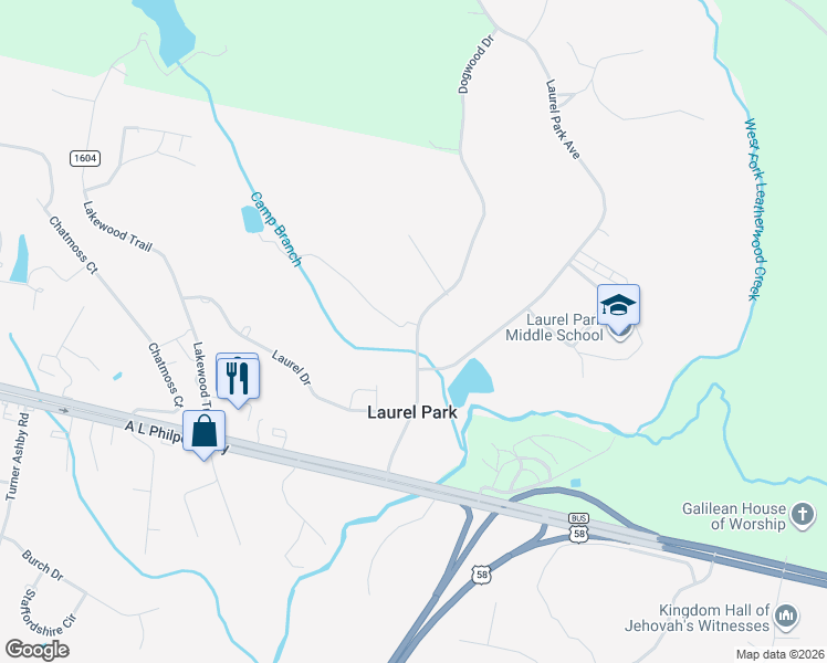 map of restaurants, bars, coffee shops, grocery stores, and more near in Laurel Park