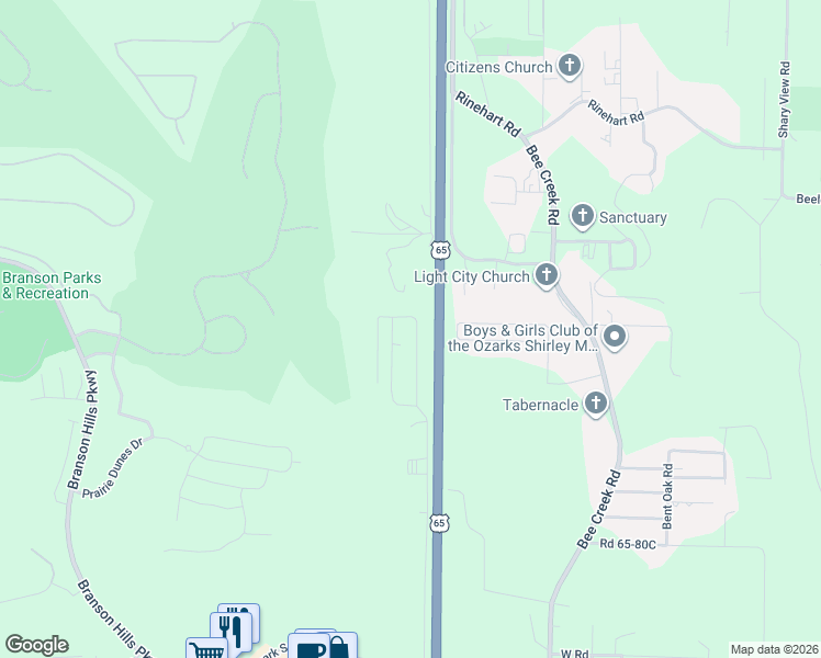 map of restaurants, bars, coffee shops, grocery stores, and more near 604 Cannon Ball Loop in Branson