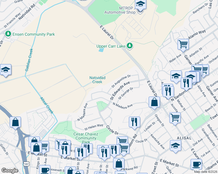 map of restaurants, bars, coffee shops, grocery stores, and more near 615 Saint Augustine Drive in Salinas