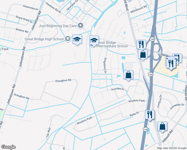 map of restaurants, bars, coffee shops, grocery stores, and more near 1201 Newtown Lane in Chesapeake